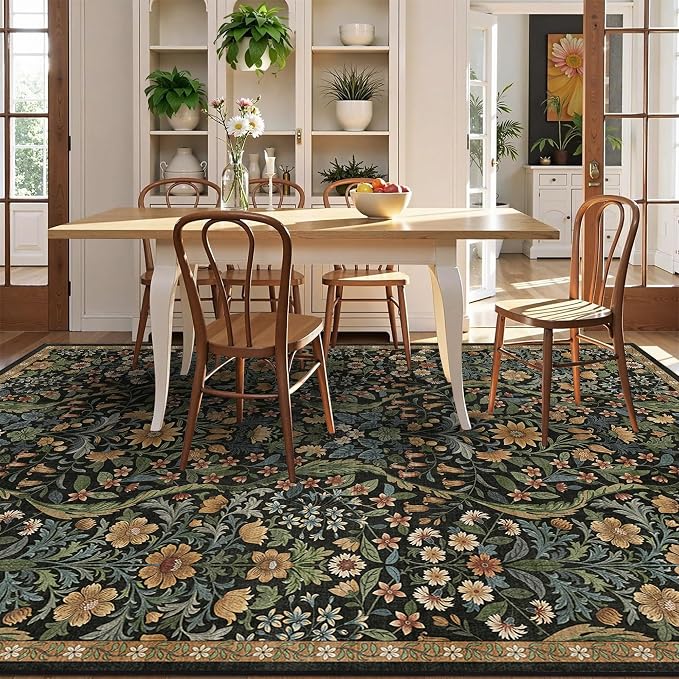 5×7 Area Rugs Black Brown Washable Floral Rug,Vintage Boho Soft Low-Pile Living Room Rugs, Stain Resistant Botanical Non-Slip Carpet for Girls Bedroom,Dining Room,Kids Nursery,Home Decor