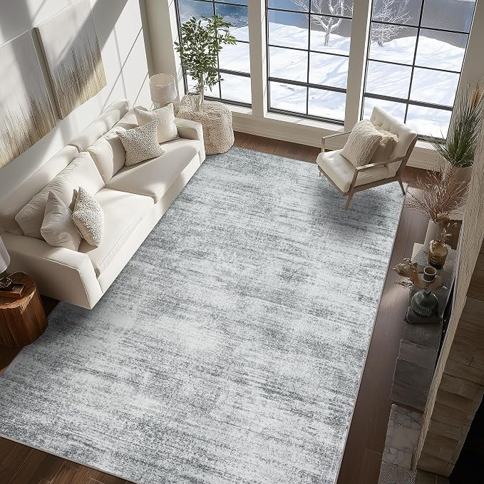 BILEEHOME Grey 6x9 Area Rugs for Offic Room Neutral Non Slip Washable Rug | Gray Floor Carpet, Abstract Modern Bobo, for Bedroom Diningroom, Hardwood Floor Protector, Low Pile, Rubber Backing Foldable
