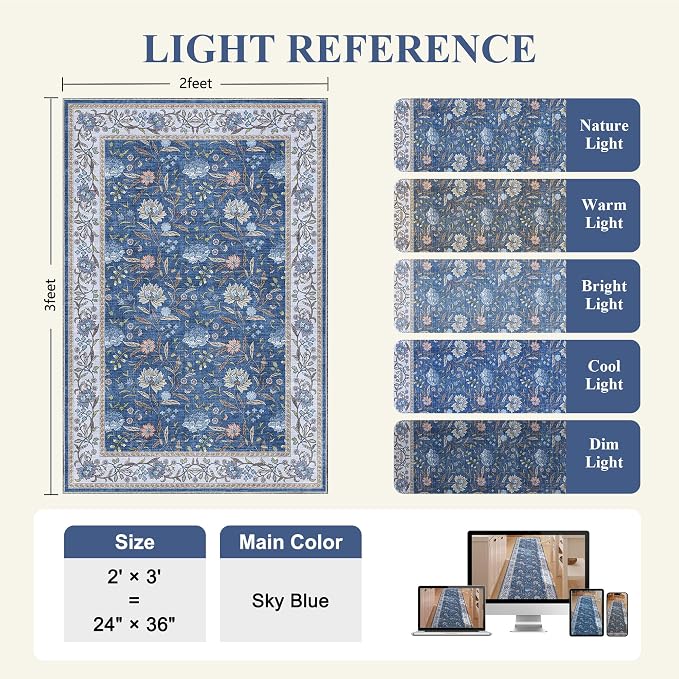 DUKINO 2x3 Rug, Washable Vintage Floral Bathroom Rugs Non Slip, Sky Blue | Low Pile, Stain Resistant Boho Soft Indoor Door Mat, Small Front Door Carpet for Entryway Kitchen Laundry Bedroom Farmhouse