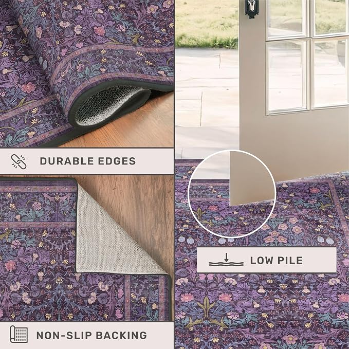 Washable Purple 2x3 Entryway Area Rug, Bohemian Small Throw Violet Carpet for Bathroom, Front Door Indoor, Mudroom, Kitchen, Vintage Farmhouse Plum Floral Décor, Stain & Fade Resistant