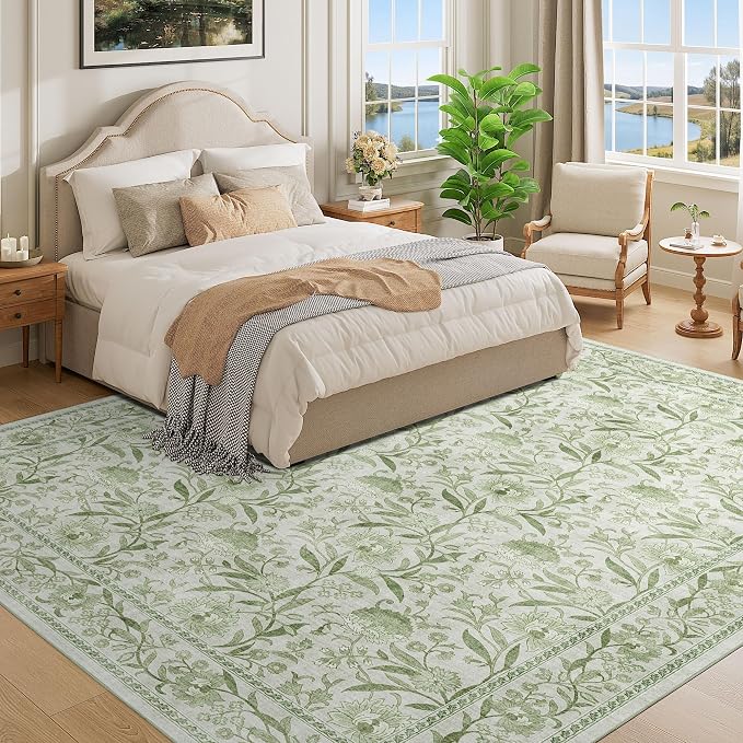 DUKINO 8x10 Area Rug Vintage Floral Washable Rug for Living Room Sage Green | Non Slip, Low Pile, Non-Shedding, Stain Resistant Boho Soft Indoor Large Carpet for Bedroom Dining Room Farmhouse, Home Decor