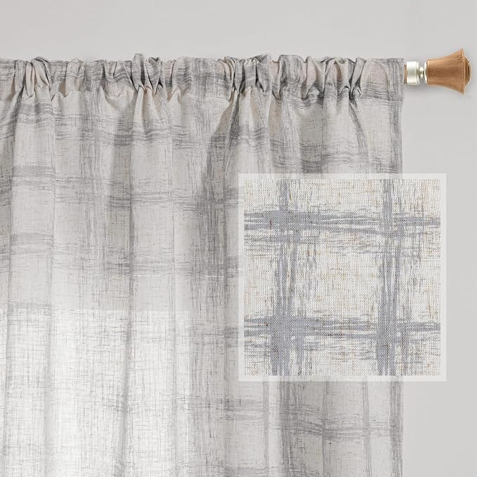 MYSKY HOME Semi Sheer Curtains 84 Inch Length 2 Panels Set for Living Room Plaid Printed Linen Look Drapes Soft Fabric Light Filtering Privacy Protect Elegant Cute Look Country Curtain, W50, Grey