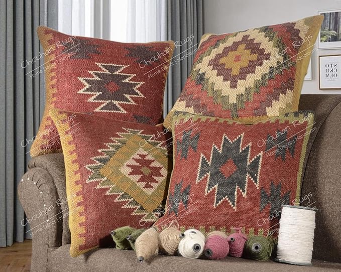 Chouhan Rugs 4 PCS Set of Kilim Cushion Cover Jute Ethnic Pillow Boho Hand Woven Shams Hippie Indian Throw Art