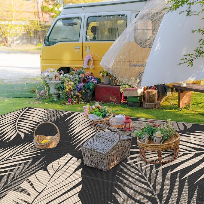 GENIMO Outdoor Rug, Waterproof Plastic Rugs 9'x18' for Camping Black Beige | Outside Larger Leaf Carpet Mat for Patio Decor, RV, Porch, Camper, Deck, Picnic, Beach, Backyard, Reversible, Foldable