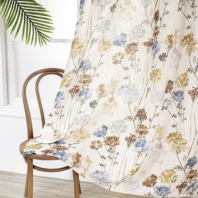 MYSKY HOME Floor to Ceiling Linen Floral Curtains 108 Inch Length 2 Panels Semi Sheer Light Filtering Farmhouse Flower Print Patterned Window Grommet Curtains for Dining Room, 52"W Each Panel, Yellow