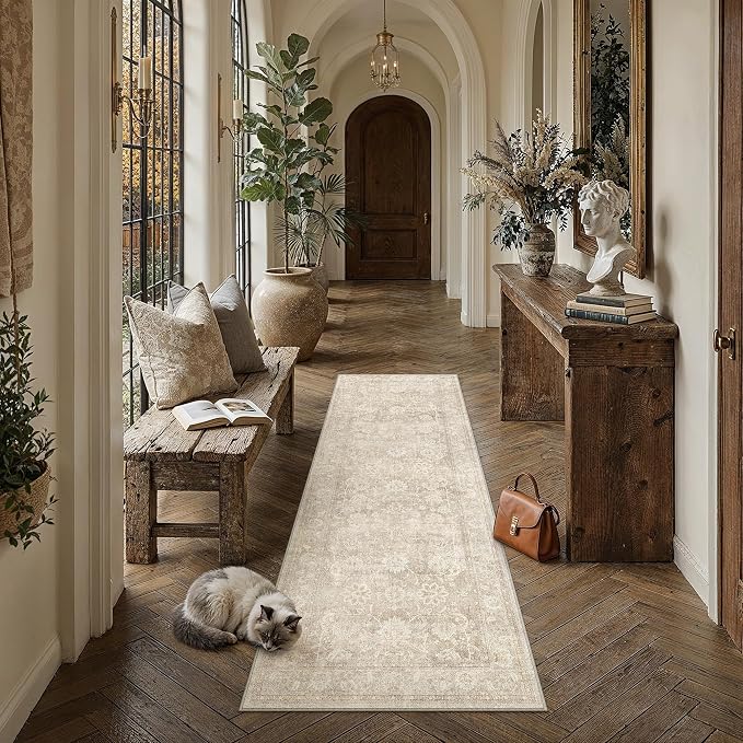 PureCozy 2x6 Beige Runner Rug for Hallway Kitchen Washable Non Slip Indoor Carpet Distressed Low Pile Soft Retro Accent Throw Rug for Laundry Entryway Bathroom Bedroom Living Room
