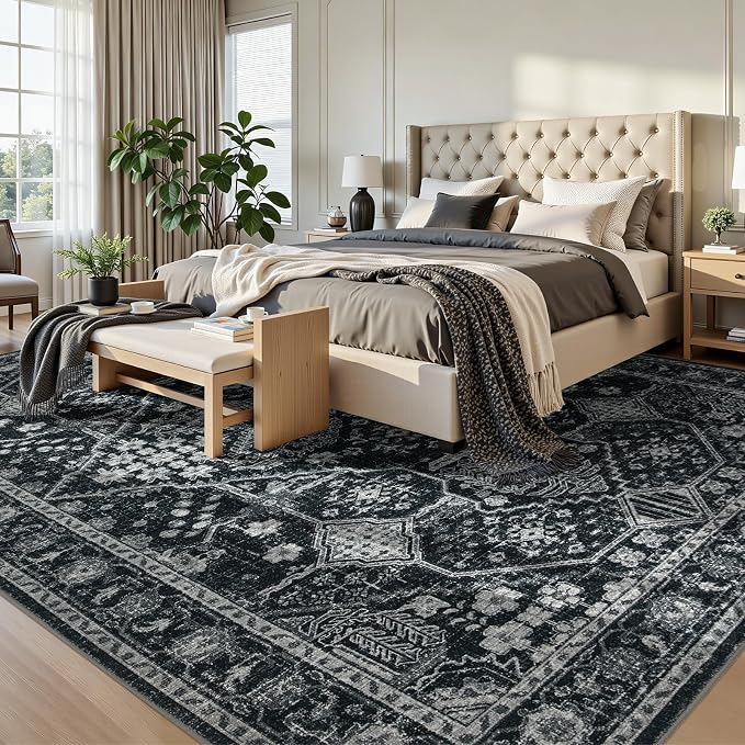Joydeco 8x10 Area Rugs for Living Room, Non Slip Machine Washable Vintage Rug, Low Pile Thin Chenille Print Rugs for Bedroom, Dining Room, Pet & Child Friendly, Home Office, Dark Gray&Light Gray&Black