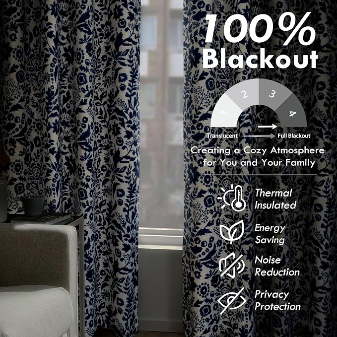DriftAway Julia 100% Blackout Curtains Grommet 2 Panels, W52xL96, Navy | Floral Curtains, Bedroom, Living Room, Linen Blend, Watercolor Pattern, 2 Layers, Thermal Insulated, Window Treatment