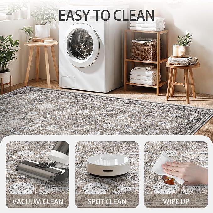 8x10 Area Rugs, Soft Non Slip Low Pile Washable Rug, Boho Modern Rug for Living Room, Bedroom, Dining Room, Brown