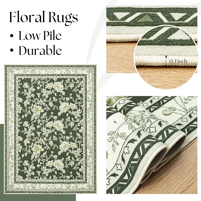 Olive Green Area Rugs 6x9 Living Room Washable Boho Vintage Sketch Floral Cream Beige Rugs for Bedroom Non Slip Soft Carpet for Dining Room Kids Girls Nursery, Lounge Peony Lily Pattern Floral Rug
