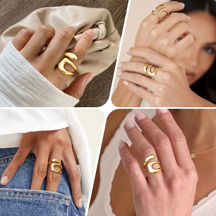Gelbesty Waterproof Gold Statement Rings for Women, 14K Gold Plated Chunky Open Stackable Rings Non Tarnish Fashion Adjustable Stainless Steel Pinky Knuckle Signet Vintage Ring Jewelry Size 5-11
