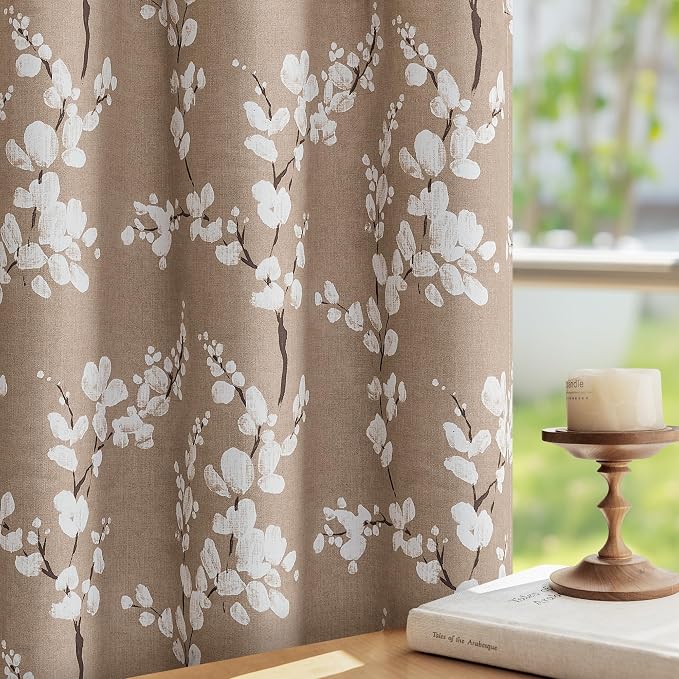 FMFUNCTEX 100% Blackout Brown Floral Curtains 63 Inch Grommet 2 Panels | Black Out Drapes, Thermal Insulated Cottage Farmhouse, Blossom Flower Patterned Curtain for Bedroom, Living Room Darkening