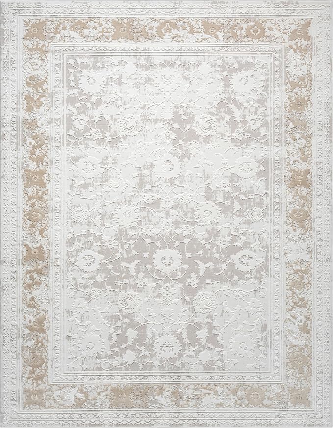 Amber Traditional Floral Area Rug for Living Room, 8x10 Vintage Persian Large Cream Neutral Rug, Medium Pile Stain Resistant Carpet for Bedroom, Dining Room or Kitchen (8' x 10', Cream)