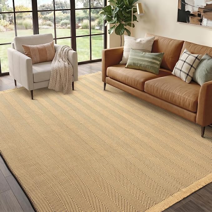 5x7 Washable Boho Area Rug with Tassels for Living Room Beige Coffee | Vacuum Friendly, Machine Washable, Non-Slip Rug, Modern Farmhouse Neutral Decor Carpet, Bedroom Dining Room Office Kitchen
