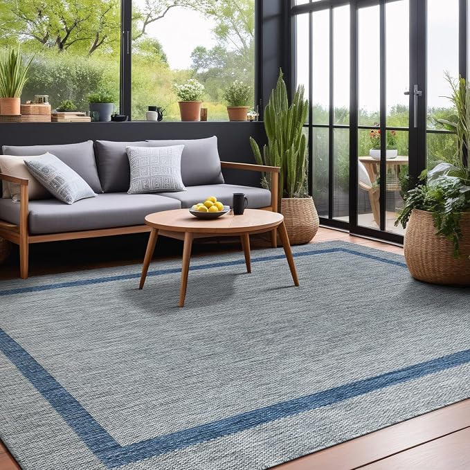 Luul Home Bordered Outdoor Rug 5x7 Washable Outside Carpet for Indoor Patio Porch Waterproof Easy Cleaning Non Shedding Area Rugs Silver Gray - Blue 5 x 7