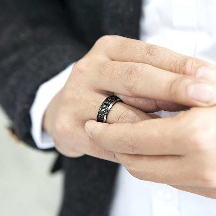 LerchPhi 8MM Black Tungsten Rings for Men, Polished Black Mens Rings with Silver Beveled Edge Mens Wedding Band