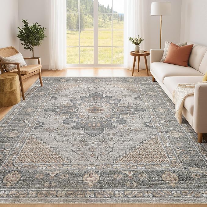 Tortania Area Rug Living Room Rugs - 6x9 Washable Boho Rug Vintage Oriental Distressed Farmhouse Large Thin Indoor Carpet for Living Room Bedroom Under Dining Table Home Office - Brown Gray