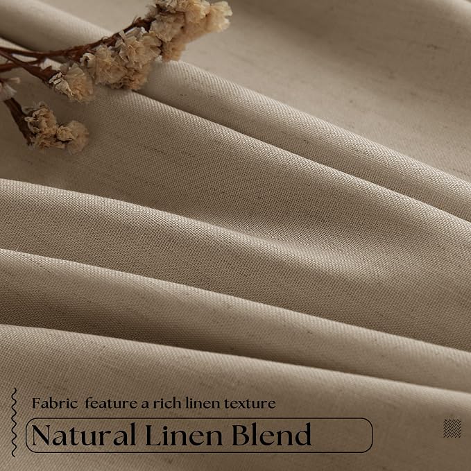 Light Brown Pinch Pleated Full Blackout Curtains Linen Blend 80 Inches Long | Room Darkening Window Curtains, for Living Room Bedroom, Thermal Insulated, Back Tab Pinch Pleat with Hooks Rings, 2 Panels