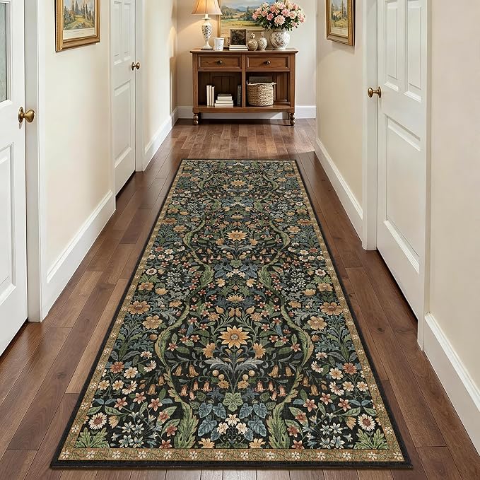 3x7 Washable Runner Rug,Black Brown Floral Boho Area Rug for Hallway,Low-Pile Non-Slip Stain Resistant Carpet for Kitchen, Bedside,Laundry Room,Entryway