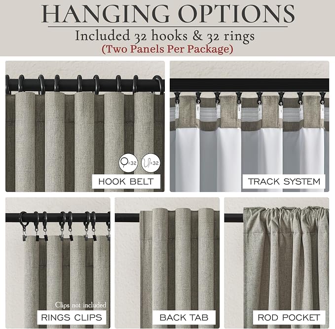 Grey Green Blackout Linen Curtains 84 Inches Long for Living Room/Bedroom, Pleated Window Track Heavy Curtain for winter with Pin Hooks Boho Dark Green Drapes Thermal Insulated (50"Wx84"Lx2Panels)