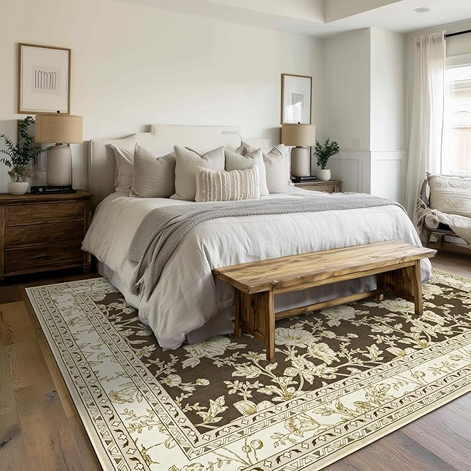 Extra Large Browm Area Rug for Living Room 10x14, Floral Dining Room Rugs for Under Table, Washable Soft Non Slip Low Pile Carpet for Large Bedroom Brown with Beige Cream Khaki Floral Design 10 x 14