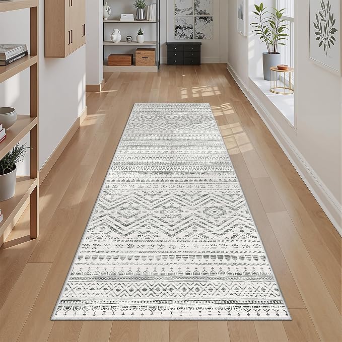 Miukiki 2x6 Hallway Runner Rug Moroccan Washable Runner Rug with Soft Low Pile and Non-Slip Backing Indoor Carpet for Kitchen Entryway Living Room Bathroom and Laundry Room (Grey,2'x6')