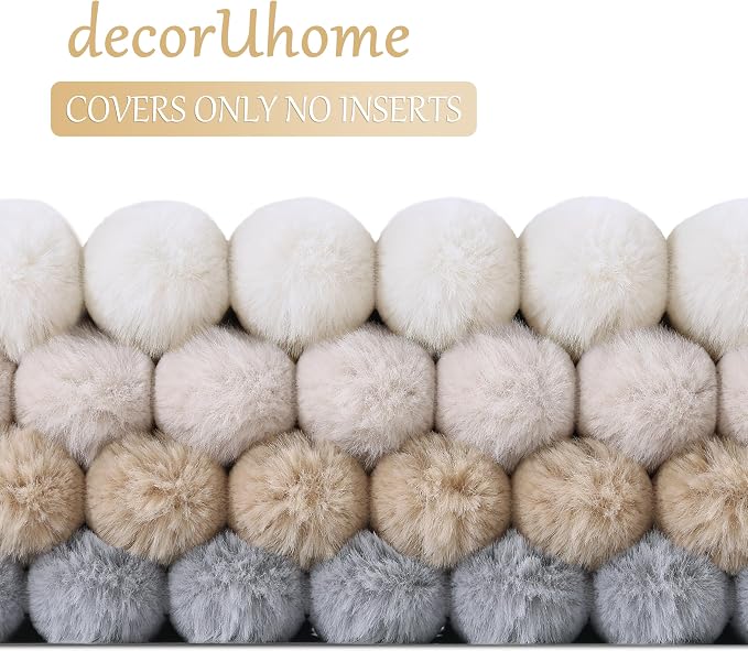 decorUhome Fall Faux Fur Throw Pillow Covers 18x18 Set of 4 Khaki/Beige | Decorative Modern Farmhouse Soft Cozy Striped Pillow Cases Velvet Back for Sofa Bed Living Room Classic Accent Home Decor
