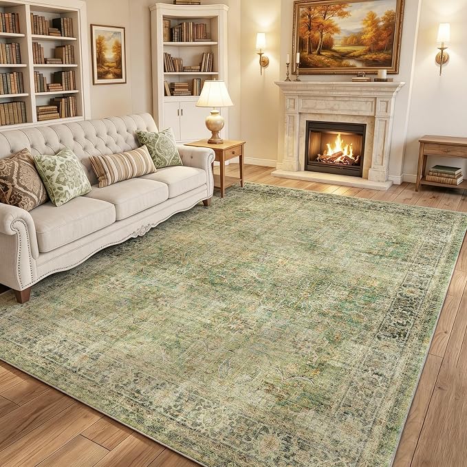Beauoop 6x9 Washable Green Vintage Retro Large Area Rug for Living Room | Distressed Oriental Traditional Faded Non Slip Low Pile Thin Soft Indoor Throw Rug Pattern Bedroom Dining Room Office Nursery