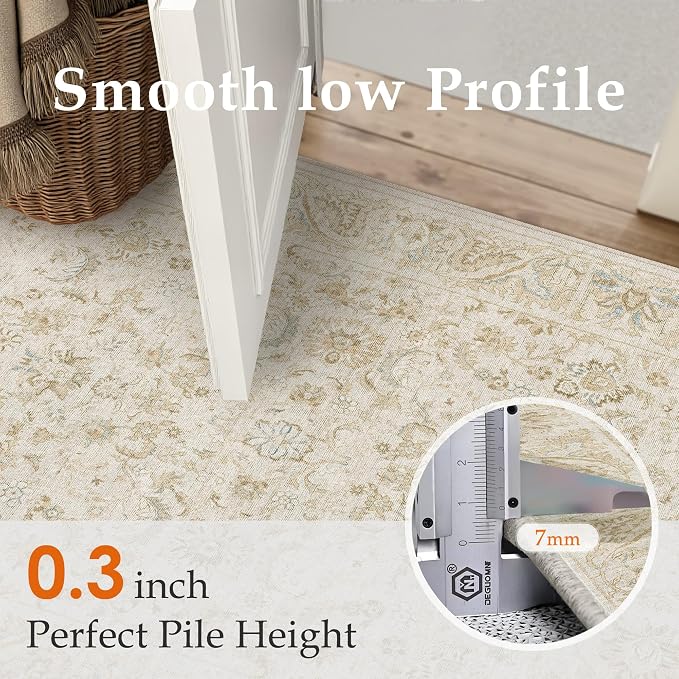8x10 Beige Washable Area Rug Non Slip Retro Distressed Carpet | Soft Low Pile, Lightweight Foldable, Pet Friendly, Living Room, Bedroom, Dining Room, Classroom, Playroom