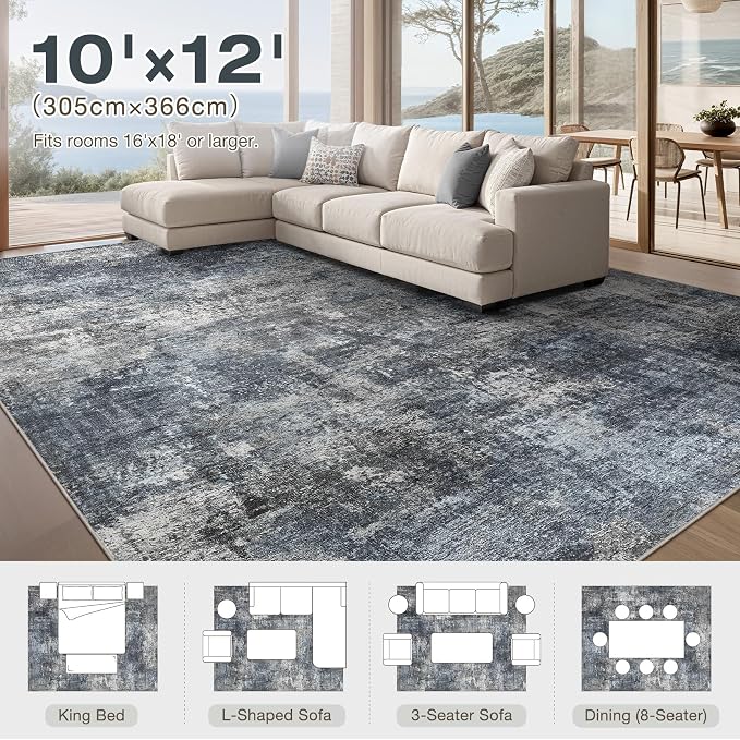 Abstract 10x12 Area Rug: Machine Washable Non Slip Ultra Thin Low-Pile Carpet, Soft Stain Resistant for Living Dining Room Bedroom, Kid Pet Friendly, Robot Vacuum Compatible - Dark Grey/Blue