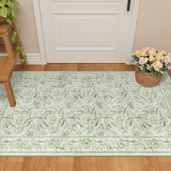DUKINO 2x4 Rug, Washable Vintage Floral Entryway Rug Non Slip, Sage Green | Low Pile, Non-Shedding, Stain Resistant Boho Lightweight Soft Indoor Carpet for Kitchen Bathroom Hallway Laundry Farmhouse