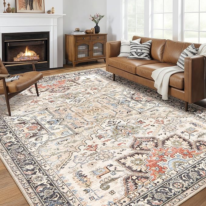 12x15 Area Rugs for Living Room - Large Carpet Ultra Thin Soft Washable Oriental Vintage Floral Distressed Big Indoor Carpets for Bedroom Nursery Dorm Home Decor Aesthetic - Multi Color