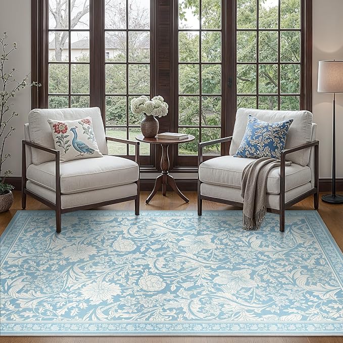 Clearance Area Rug 5x7 Washable Rugs for Bedroom, Vintage Floral Rug with Non Slip Backing, Low Pile Carpet for Living Room, Dinning Room, Light Blue