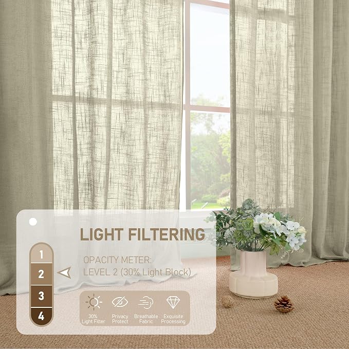LAMIT Linen Curtains for Living Room 84 inch Length 2 Panels, Light Filtering Semi Sheer Panels Back Tab and Rod Pocket Farmhouse Drapes for Bedroom/Sliding Glass Door, Oatmeal, 52 x 84 Inch