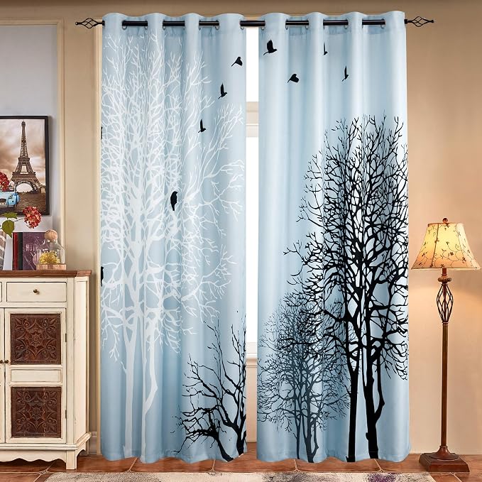 SUBRTEX Boho Leaf Printed Curtains 63 inch Long 2 Panels, Room Darkening Vibrant Floral Drapes, 50% Blackout Light Flitering Semi Sheer Farmhouse Curtains for Living Room, 52Wx63L, Light Blue Leaf