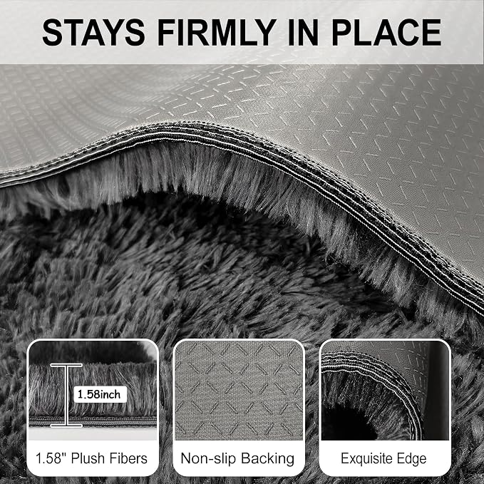 2x6 Fluffy Soft Runner Rug for Bedroom Living Room, Dark Grey and Black Carpet Runners for Hallways Non-Slip Shaggy Bedside Long Rug, Fuzzy Shag Bedroom Runner for Kids Room Dorm Nursery