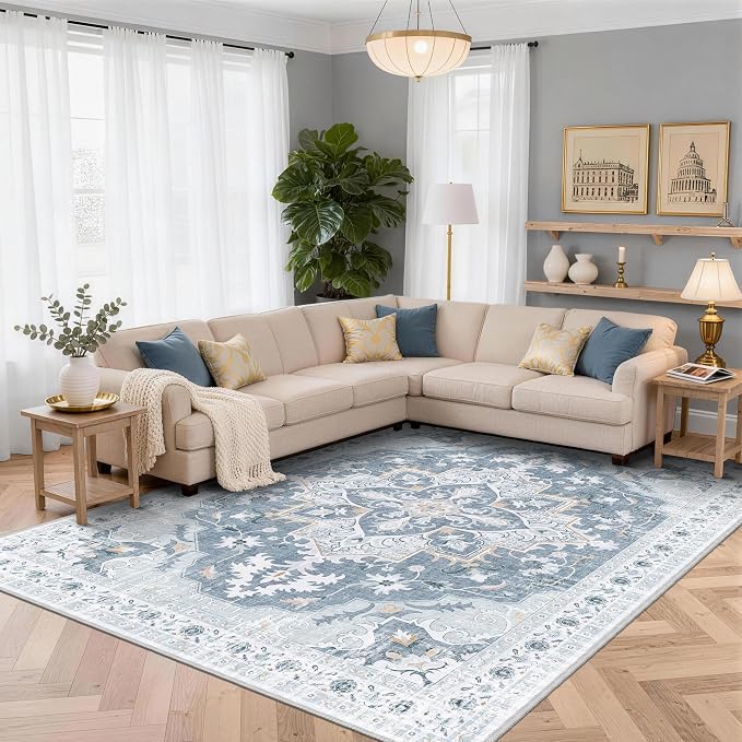 Area Rugs 9x12 Living Room, Soft Non-Slip Vintage Medallion Rug, Low-Pile Printed Washable Area Rugs Blue Gray Rug for Living Room, Bedroom, Dining Room -Blue/Gray