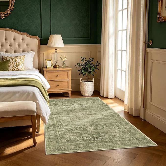 4x6 Area Rug, Vintage Carpet for Living Room, Sage Green, Thin | for Bedroom, Washable Low Pile Medallion Indoor Rug with Non-Slip Silicone Backing, Non-Shedding Stain Resistant
