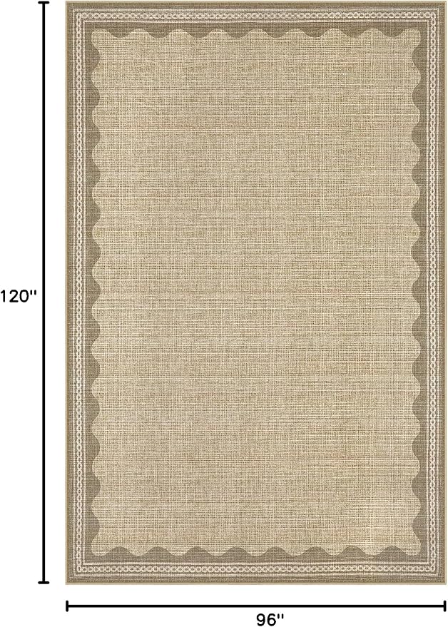 GarveeHome Scalloped Washable 8x10 Rug for Living Room Non-Slip Solid Tan Jute Digital Printing Modern Low-Pile Carpet 8 x 10 Rug for Bedroom Dining Nursery Mat with Rubber Back