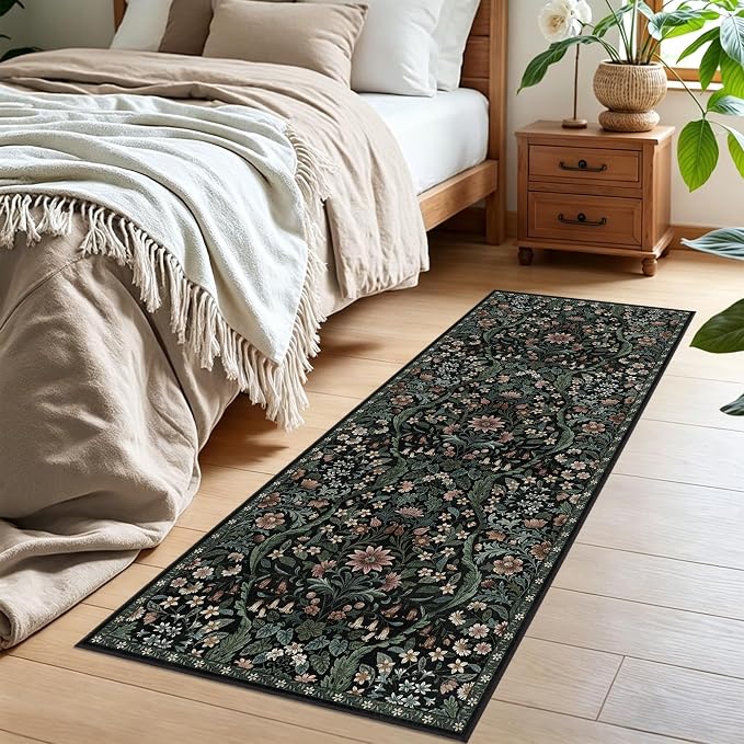 2x5 Washable Runner Rug,Black Floral Boho Area Rug for Hallway,Low-Pile Non-Slip Stain Resistant Carpet for Kitchen, Bedside,Laundry Room,Entryway