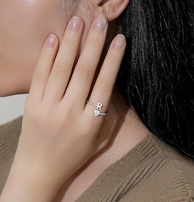 Step Forward 925 Sterling Silver Adjustable Initial Ring for Women | Non Tarnish Letter Rings for Lady | Alphabet Heart Thumb Rings | Capital Letter Jewelry Gifts