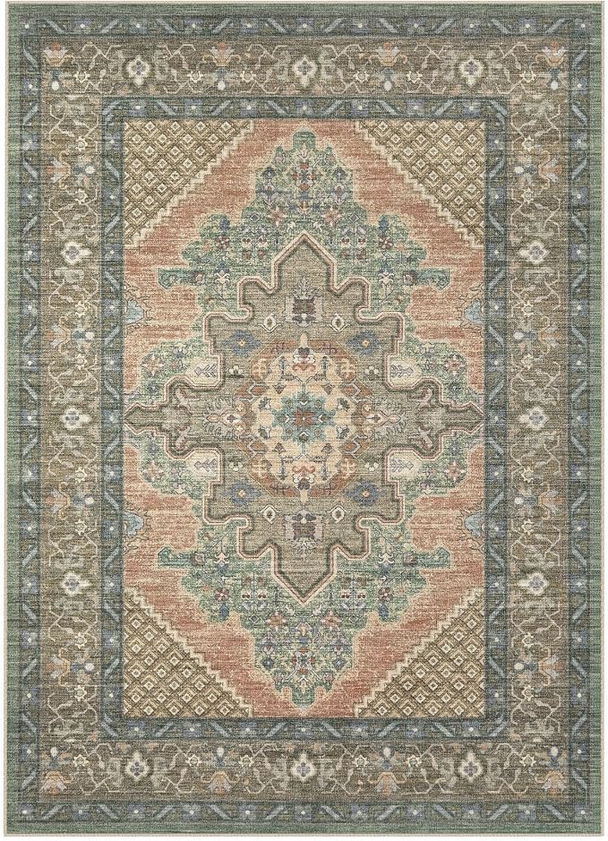 Tortania Area Rug Living Room Rugs - 5x7 Washable Boho Rug Vintage Oriental Distressed Farmhouse Large Thin Indoor Carpet for Living Room Bedroom Under Dining Table Home Office - Sage Terracotta
