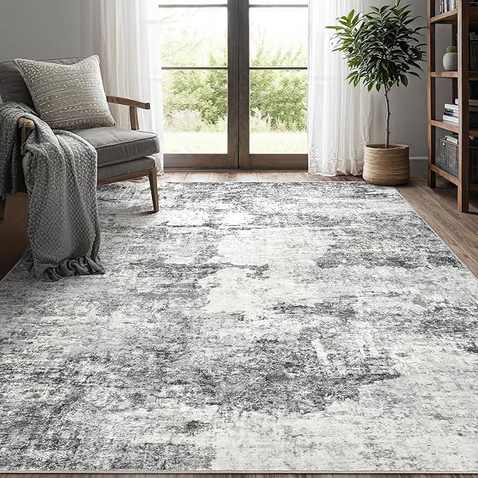 DMOYEST 7x9 Area Rugs for Living Room, Washable Large Abstract Rug, Non Slip Low Pile Indoor Carpet, Kid & Pet Friendly Neutral Modern Rugs for Bedroom Dining Room - Grey