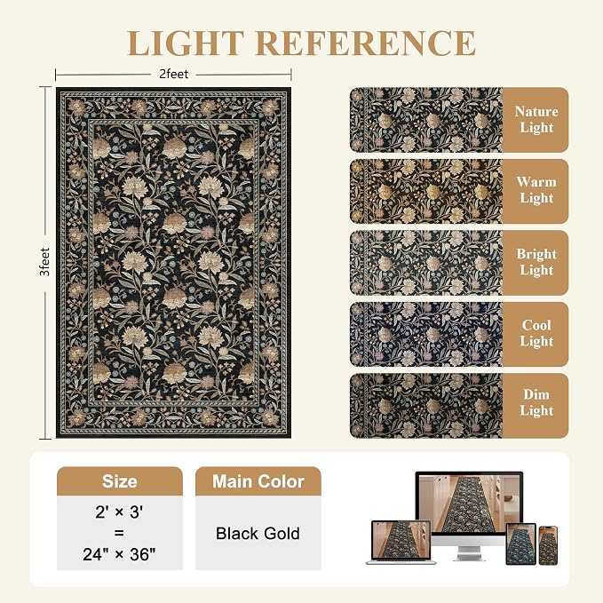 DUKINO 2x3 Rug, Washable Vintage Floral Bathroom Rugs Non Slip, Black | Low Pile, Stain Resistant Boho Soft Indoor Door Mat, Small Front Door Carpet for Entryway Kitchen Laundry Bedroom Farmhouse