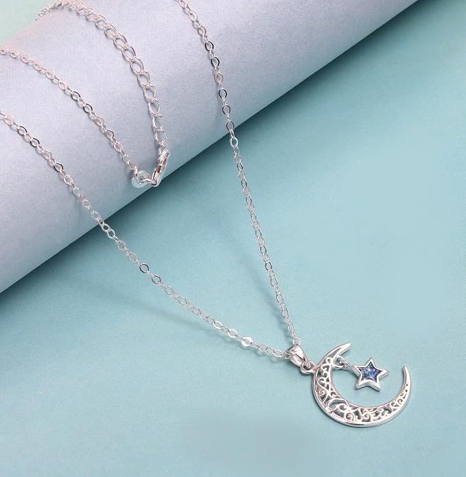 LeCalla 925 Sterling Silver Pendant Necklace | Crescent Moon and Star Necklace Jewelry | Handmade Charm Pendant Necklace for Women | Adjustable Chain Necklace Gifts for Women Valentine s Day, Mother s Day