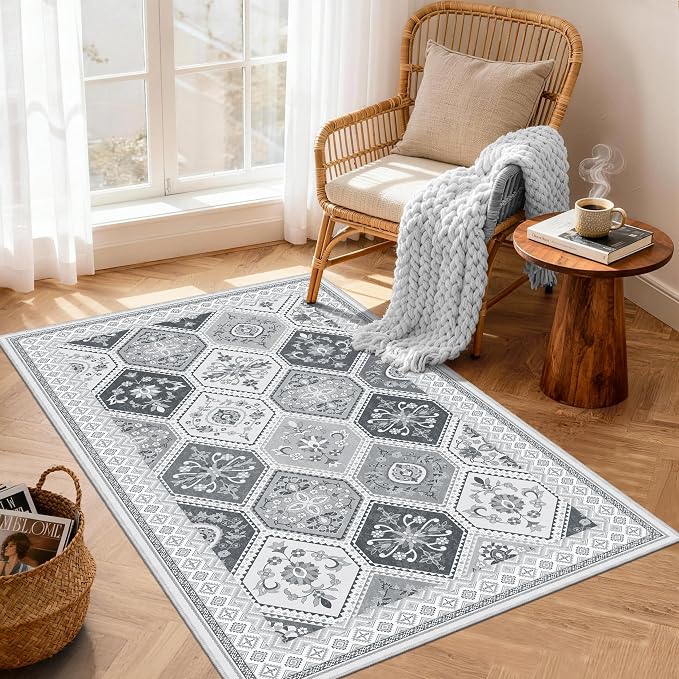 3x5 Washable Rug, Soft Non-Slip Boho Moroccan Rug, Low-Pile Printed Indoor Throw Rugs for Entryway, Kitchen, Bedroom Bedside, Entrance- Gray/White
