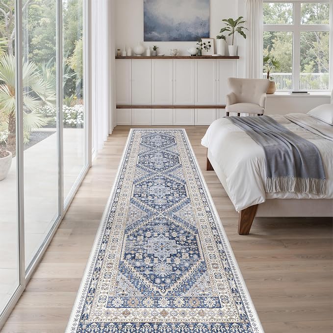 zesthome Long Rugs Runner - Washable Runner Rugs for Hallway 2x10, Ultra-Thin Soft Kitchen Carpet Runner, Anti Slip Backing Runner Rugs for Entrance, Bedroom, Living Room(Blue/Beige,2'x10')