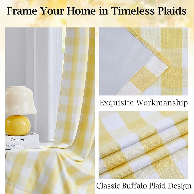 Yellow White Buffalo Plaid Full Blackout Curtains 84 Inches Long | Farmhouse Double-Layer Panels,Darkening Thermal Insulated Window Treatment,Rod Pocket Back Tabs,40"Wx84"Lx2