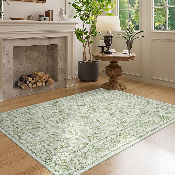 DUKINO 3x5 Rug Washable Vintage Floral Bedroom Area Rug Non Slip Sage Green | Low Pile, Non-Shedding, Stain Resistant Boho Lightweight Soft Indoor Carpet for Bathroom Office Dining Living Room Farmhouse