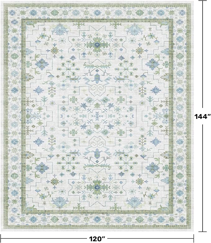 Hazo Haus Washable Rugs for Living Room 10x12 - Cream Blue and Green Oriental Floral Geometric, Low Pile Non Slip Extra Large Area Rug for Dining Under Table, Bedroom, Lounge